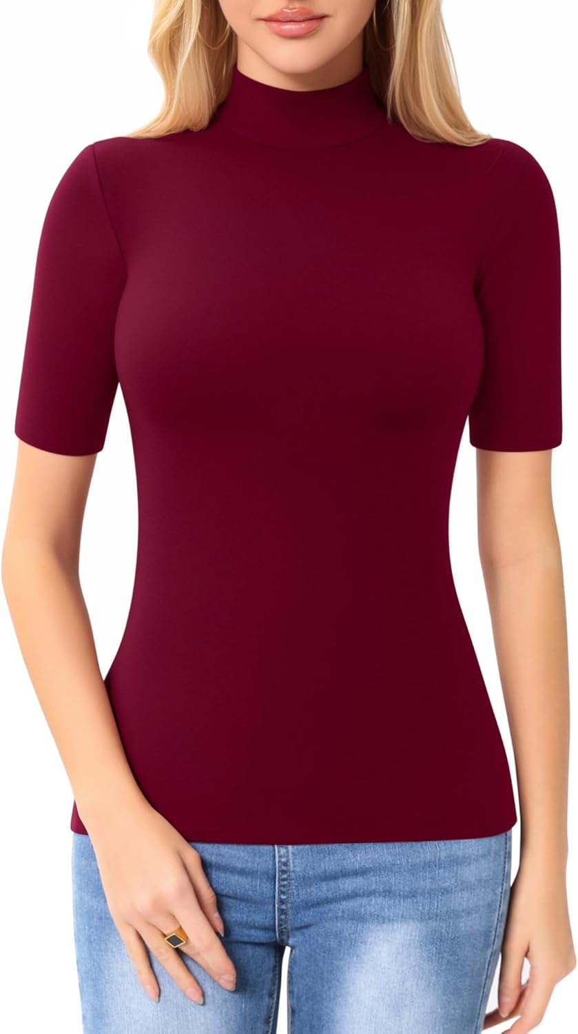 MANGOPOP Women's Mock Turtle Neck Slim Fit 3/4 Sleeve T-Shirt - Image 2