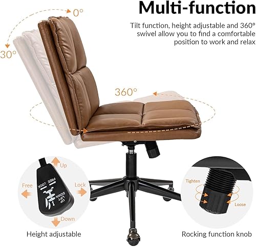 Miniatura 4 de HULALA HOME Modern Faux Leather Home Office Chair with Tilt Lock & Metal Base, Armless Criss Cross Legged Desk Chair with Wheels & Padded Cushion,
