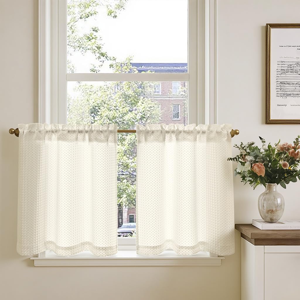 TOPICK Küchenvorhang, Wohnzimmer, mit Waffelmuster, für den Außenbereich, Kurzfenster, Vorhänge, Scheibengardinen, Dekoration, Terrasse, Schlafzimmer, Schrank