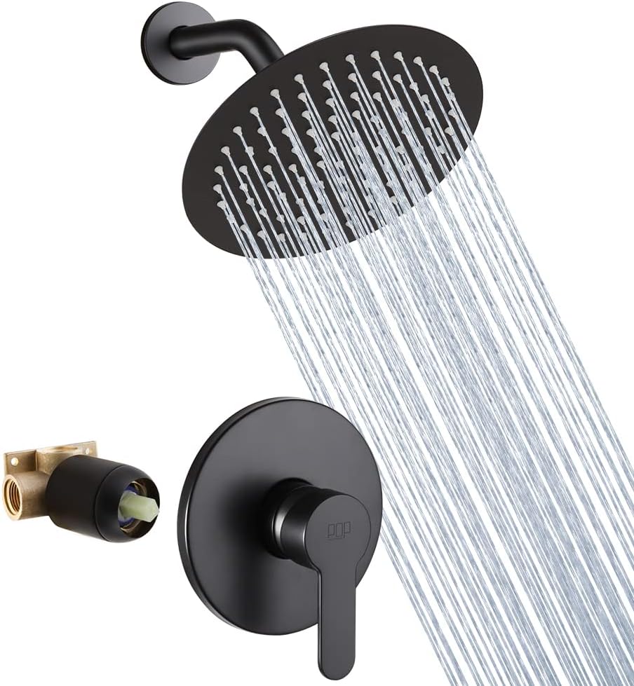 POP SANITARYWARE Matte Black Shower Faucet Set Bathroom Rainfall Shower System Wall Mounted 8 Inch Shower Head and Handle Set Single Function Shower Trim Kit with Rough-in Valve