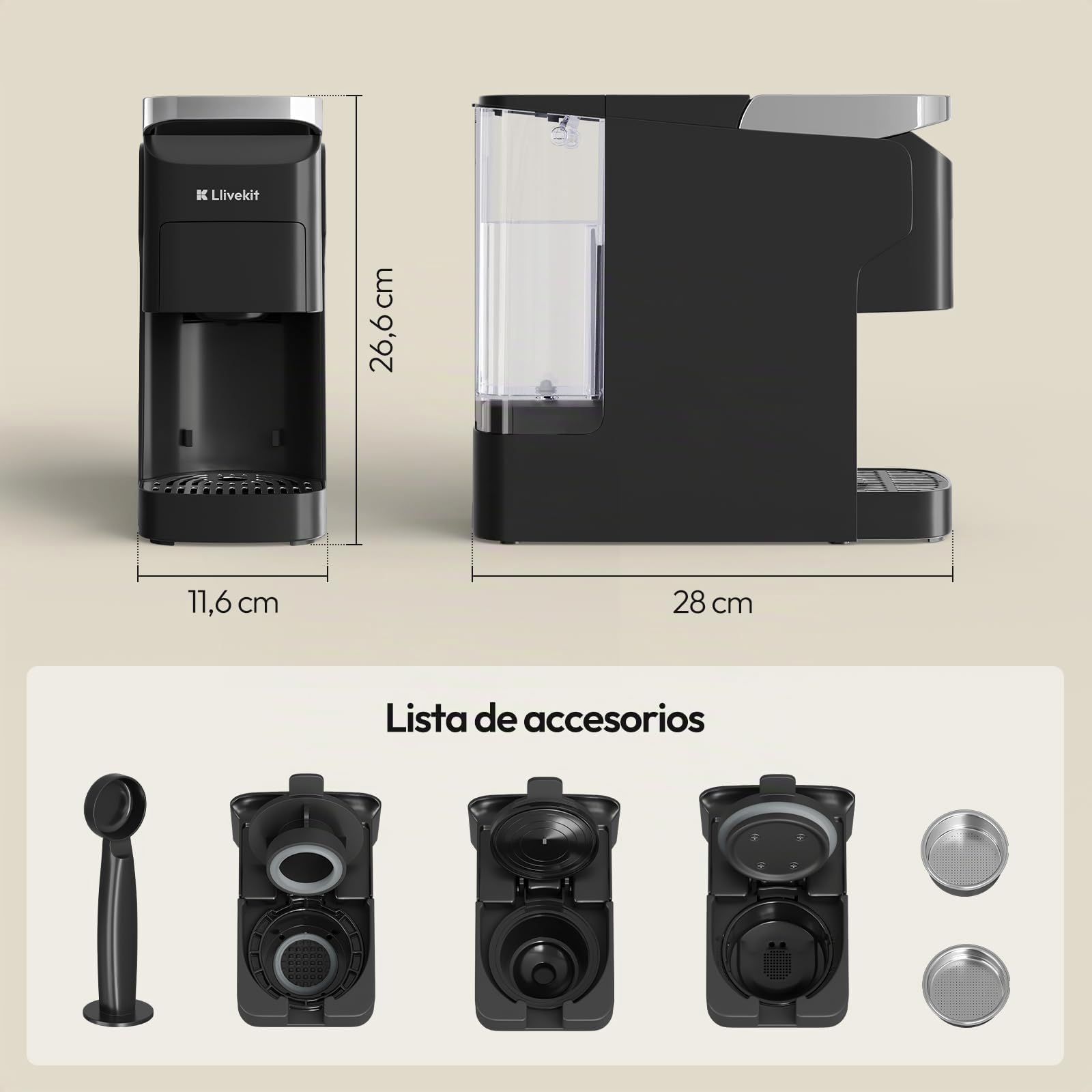 LLIVEKIT Cafetera Multicápsulas 3 en 1 Presión 20 Bar, Autolimpieza | Máquina de Café Compatible con Cápsula Nespresso/Dolce Gusto/Café Molido, Depósito 920 mL, Calentamiento Rápido 40s