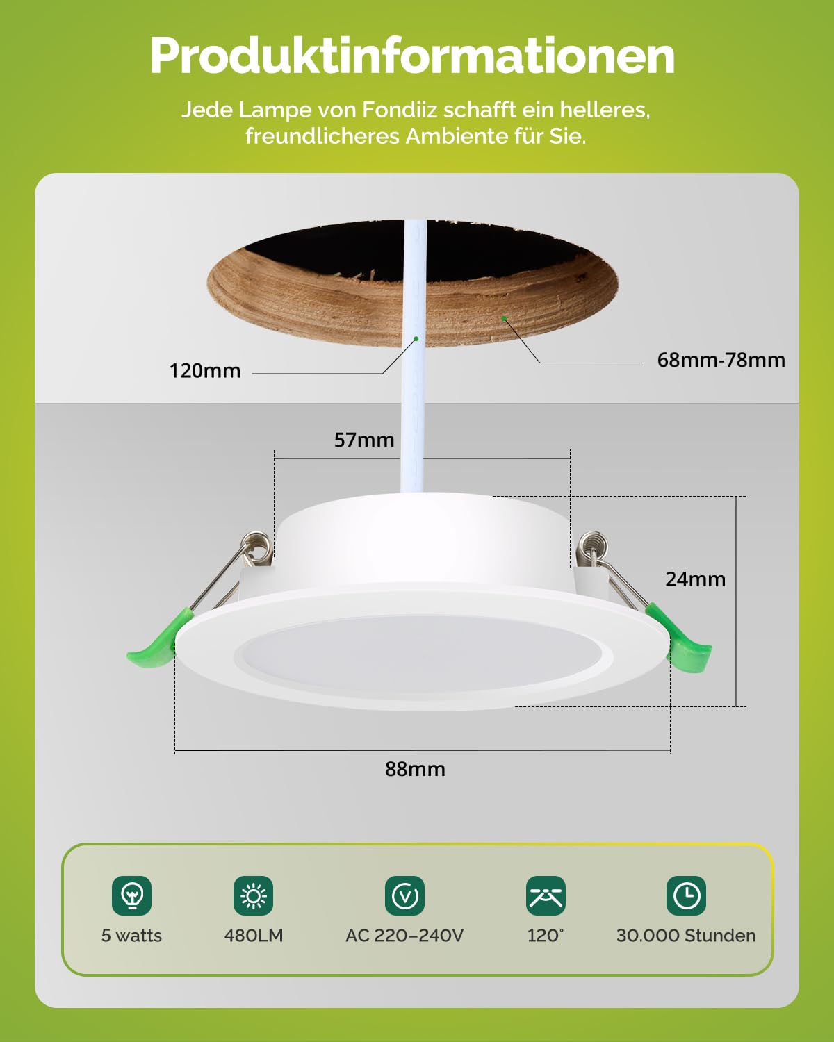 Fondiiz LED Einbaustrahler 230V 68mm, 20er Set LED Spots Warmweiß Neutralweiß Kaltweiß, 5W 480LM Deckenspots Weiß, IP44 Spots Deckenleuchte Flach Einbauleuchten für Badezimmer Küche Wohnzimmer