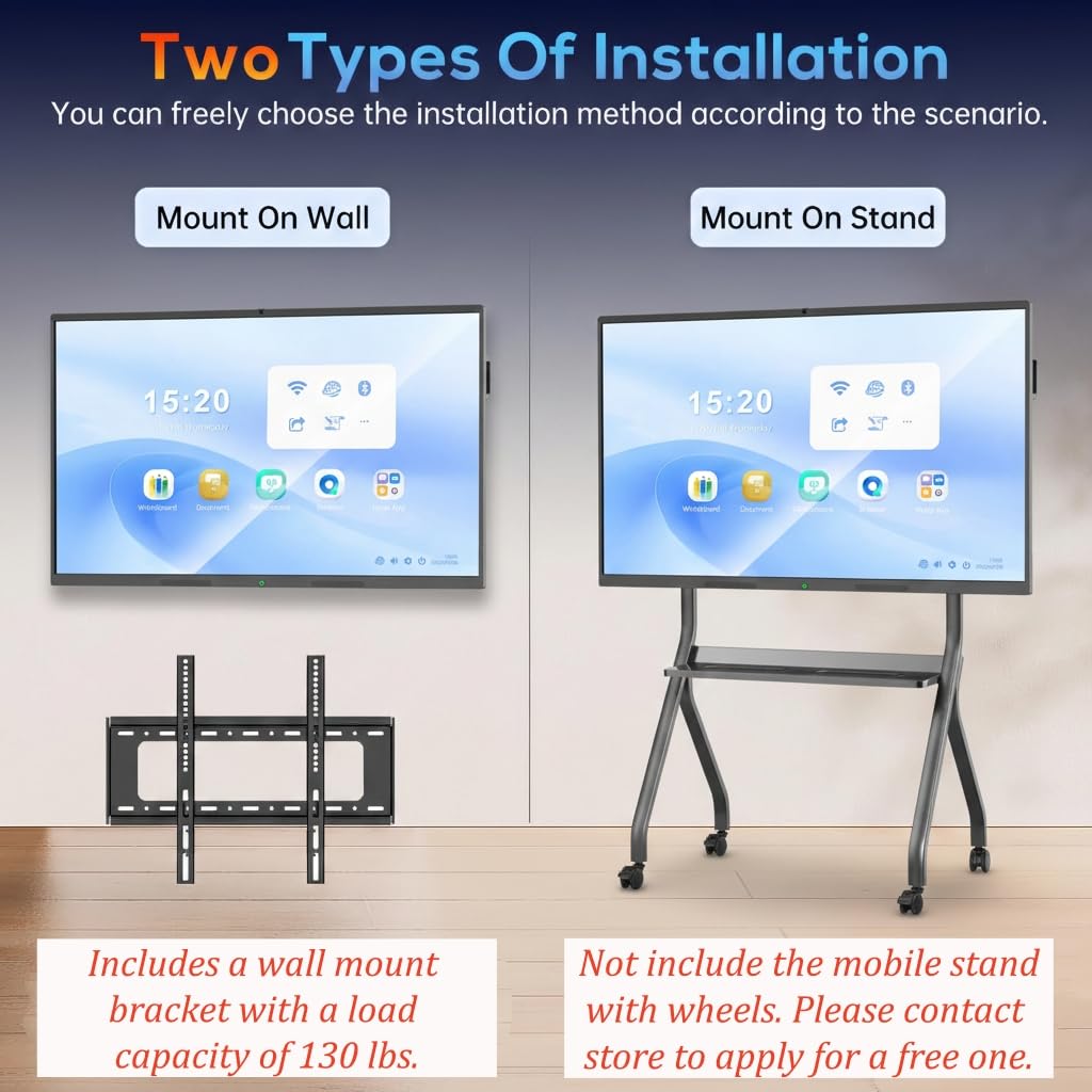 MWE 65 Pollici 4K UHD Touchscreen Interattive Lavagna Digitale, 8+64GB, Microfono Incorporato, Telecamera, Adatto per L'ufficio, L'istruzione e la Casa