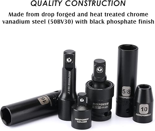 Miniatura 6 de MIXPOWER Juego maestro de llaves de impacto de 70 piezas de 1/2 pulgada, SAE y métrico, 5/16 pulgadas a 1-1/4 pulgadas y 0.315-0.945 in poco