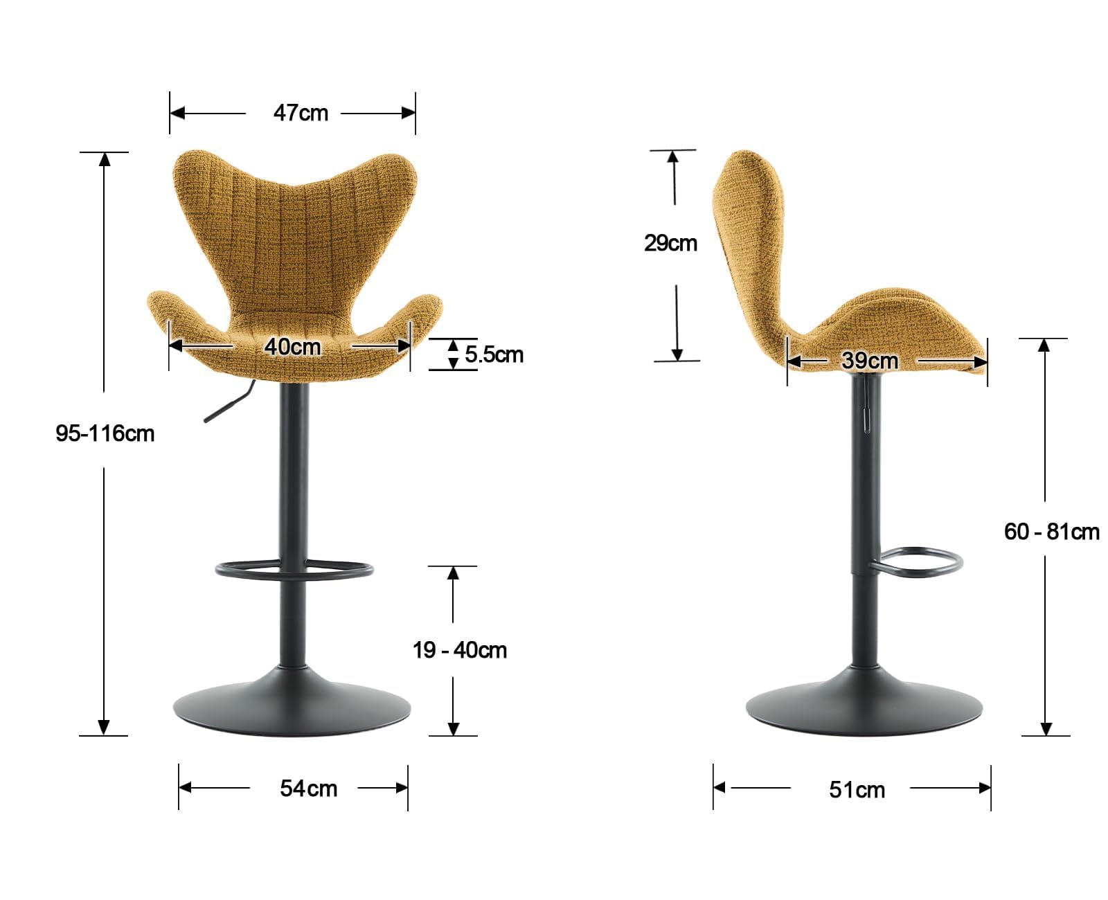 Tabouret de Bar Pivotant 360° en Chenille Lot de 2 Tabourets Hauts avec Dossier Unique Chaise de Bar Réglable en Hauteur pour Cuisine, Jaune