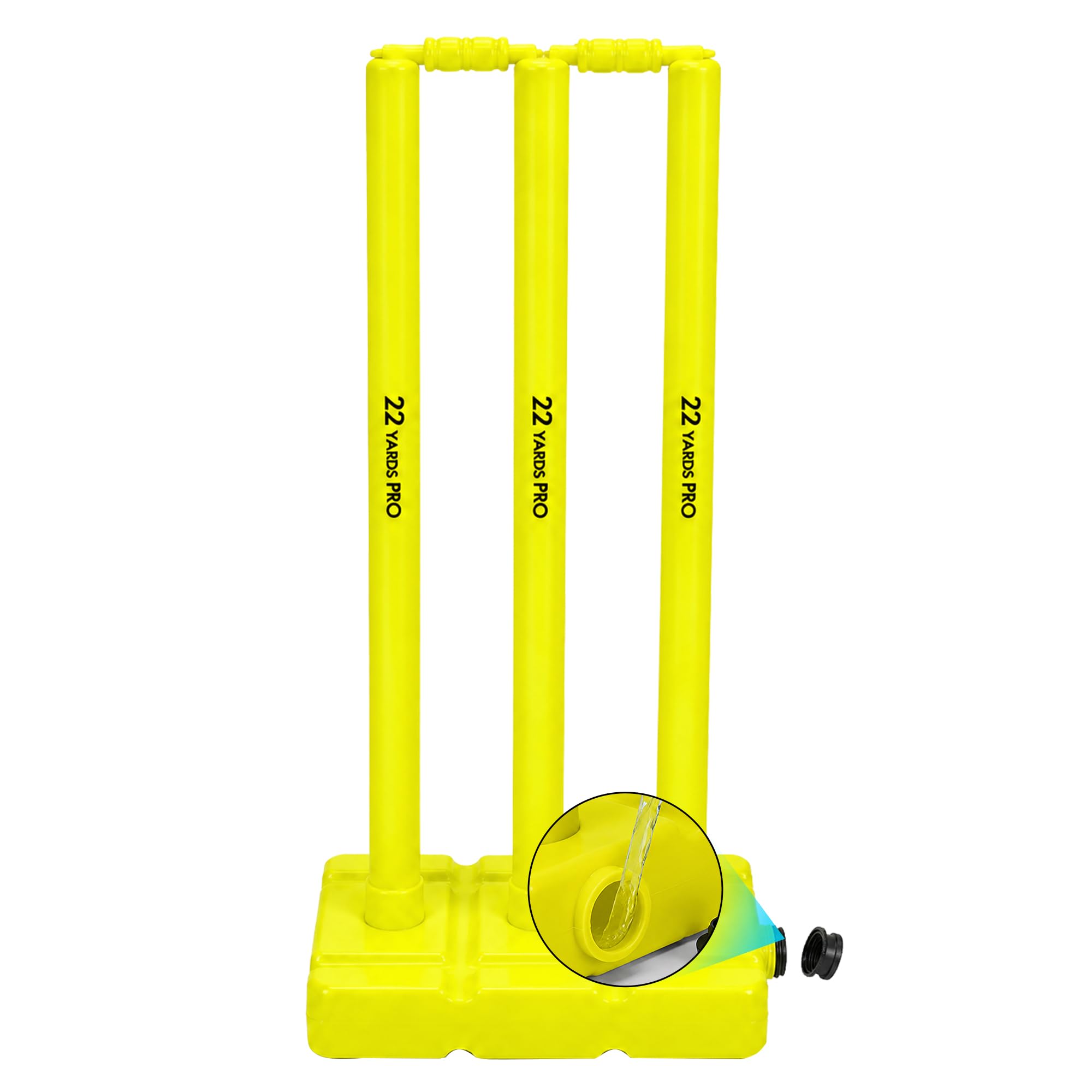 22YardsPro Plastic Cricket Stumps Set with Weighted Base (Yellow, Senior (Full Size) - Pack 2)