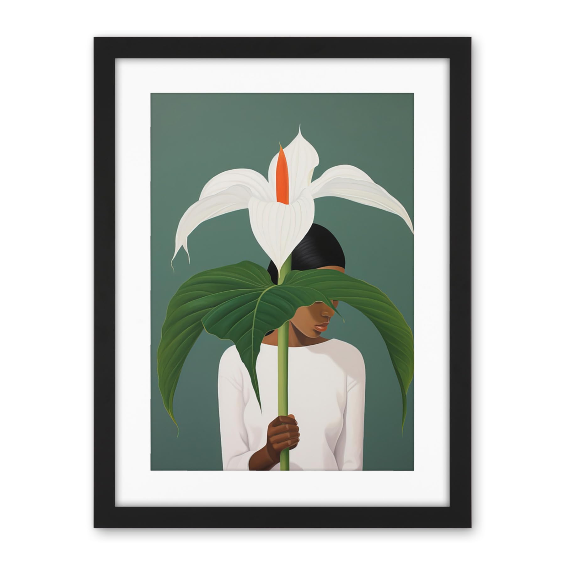Artery8 Giant Peace Lily Showcase Realistic Oil Painting White Teal Green Woman with Flower Minimalist Artwork Framed Wall Art Print 18X24 Inch