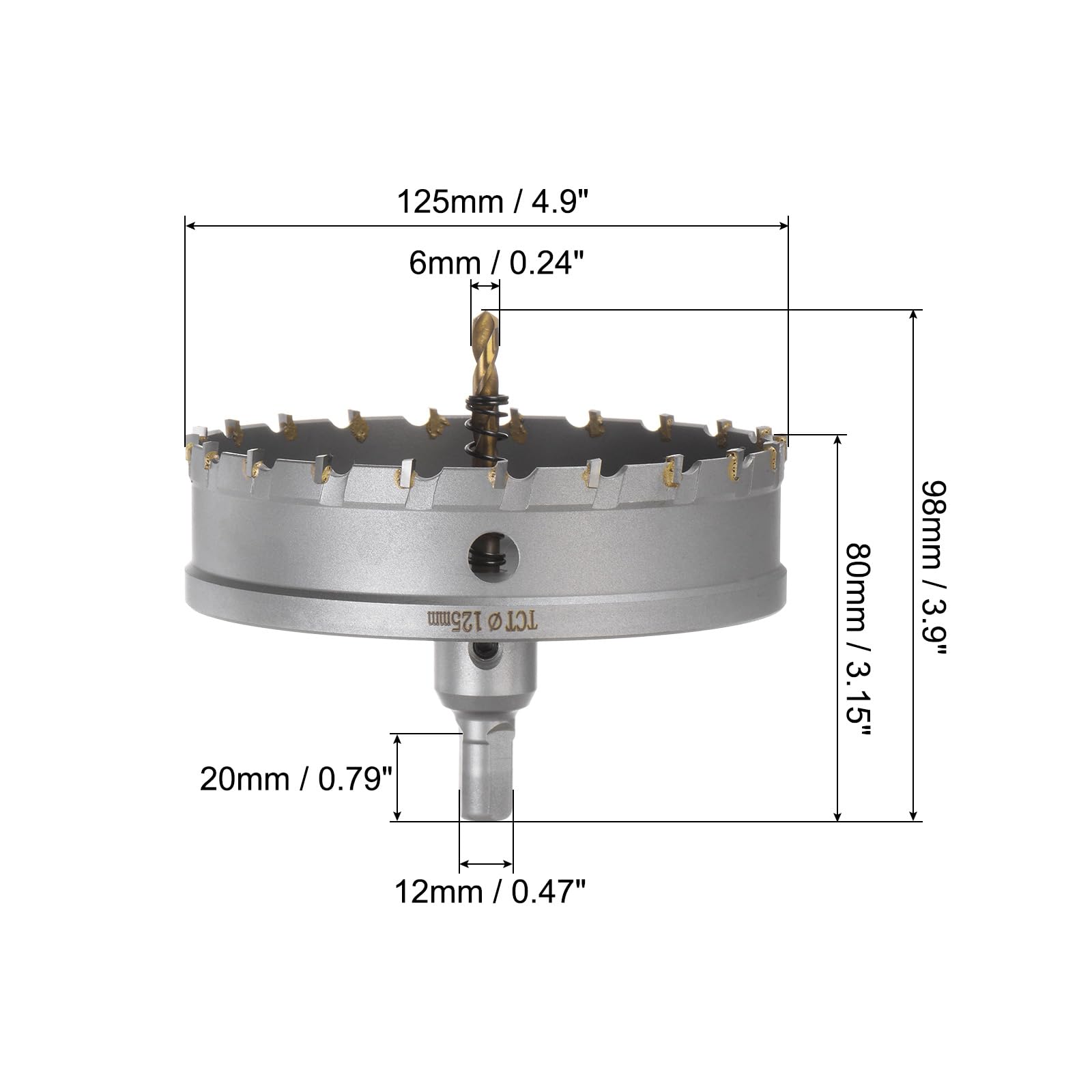 QUARKZMAN Otwornica do metalu TCT z twardego metalu 125 mm / 4,9" średnica do stali nierdzewnej, metalu, aluminium, stopu, miedzi, mosiądzu, plastiku, z dodatkowym bitem środkowym