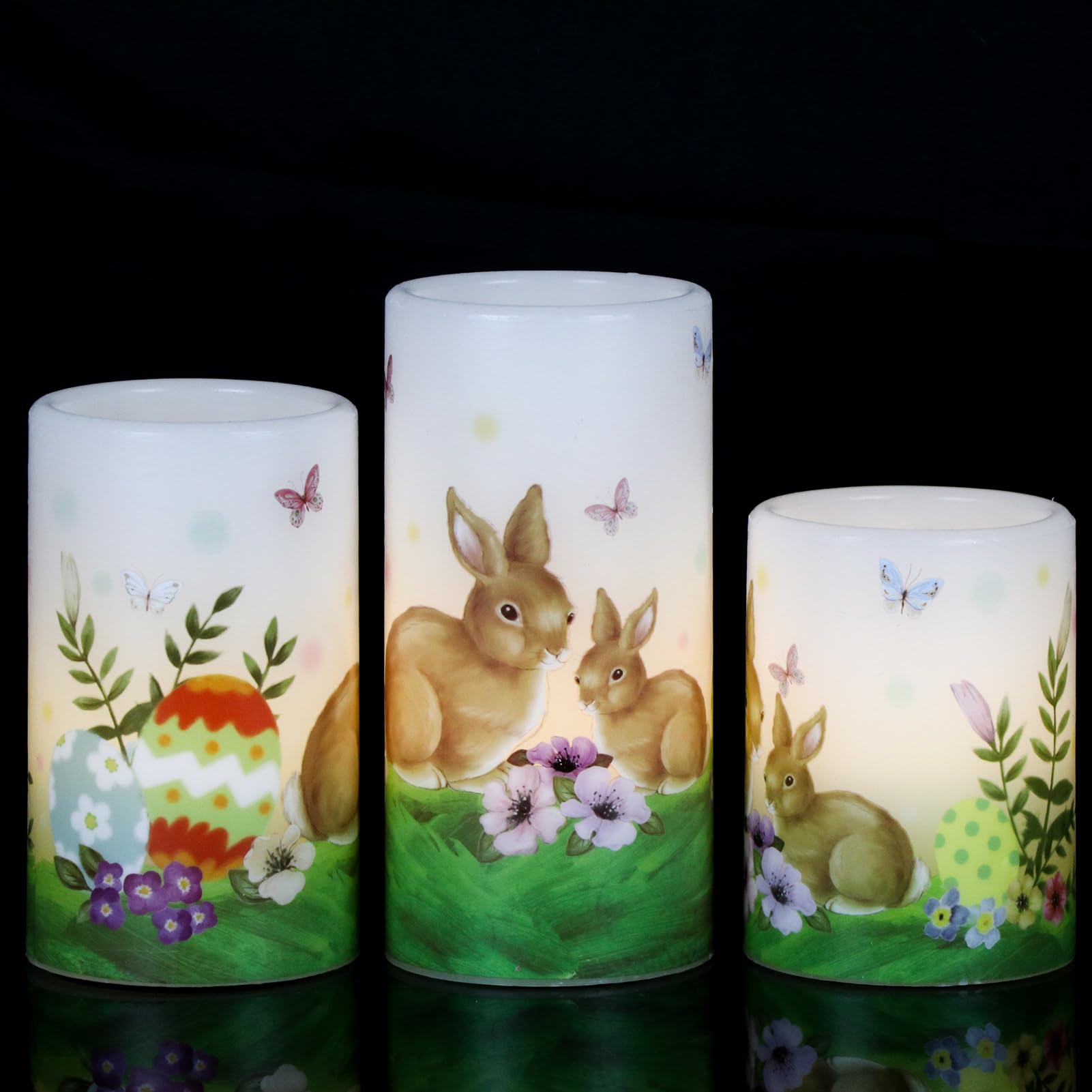 DRomanceEaster Bunny Flameless Flickering Candles with 6 Hour Timer, Battery Operated Real Wax White LED Pillar Candles Warm Light Dinner Table Home Decor(3 x 4,5,6 Inches)
