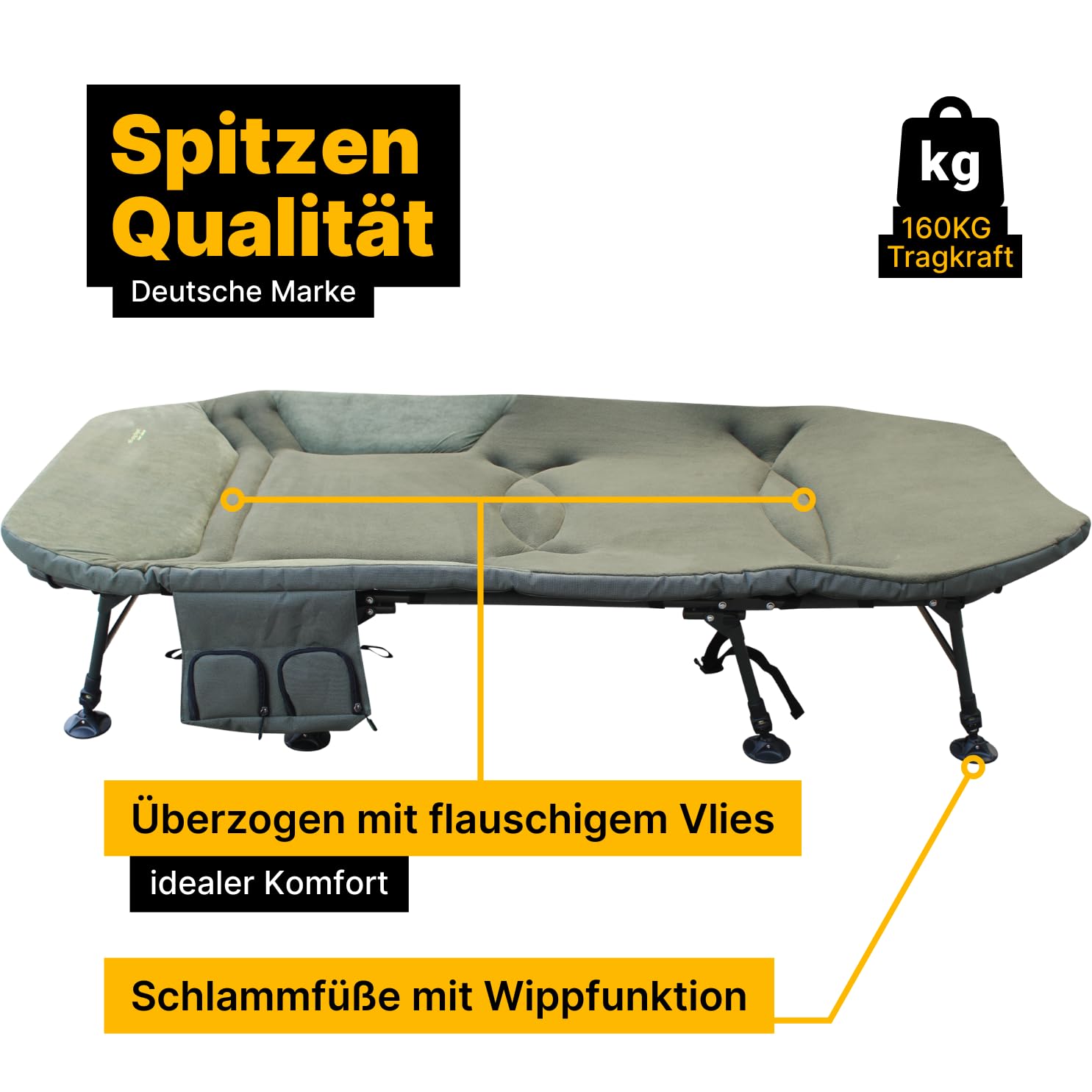 MK-Angelsport Karpfenliege XXL Vlies Angelliege Bed Chair 8-Bein Liege mit Matratze (203 x 91 x 40 cm) Campingliege Gästebett Fischerliege belastbar bis ca. 160kg