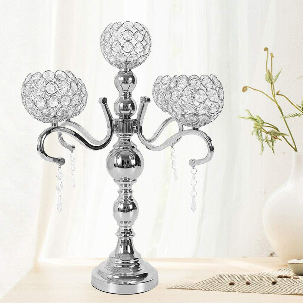 Sliver Crystal Candelabra Candle Holders 5 Arms Candelabra Crystal Luxury Wedding Table Centerpieces Candlestick Holder with Crystal Dangles for Dinner Party Decoration
