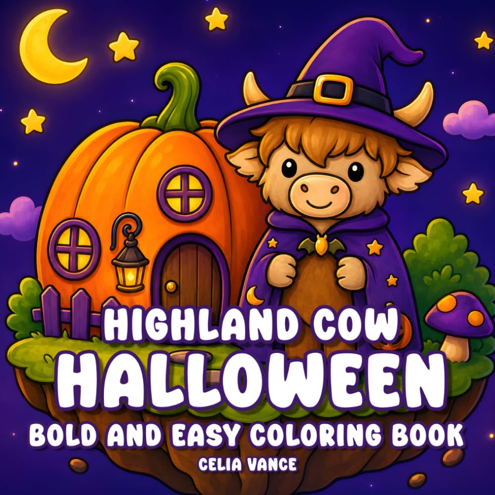 Cozy Highland Cow Halloween Coloring Book: Kawaii Scottish Cows Non Scary Bold and Easy Designs for Kids and Teens Stress Relief
