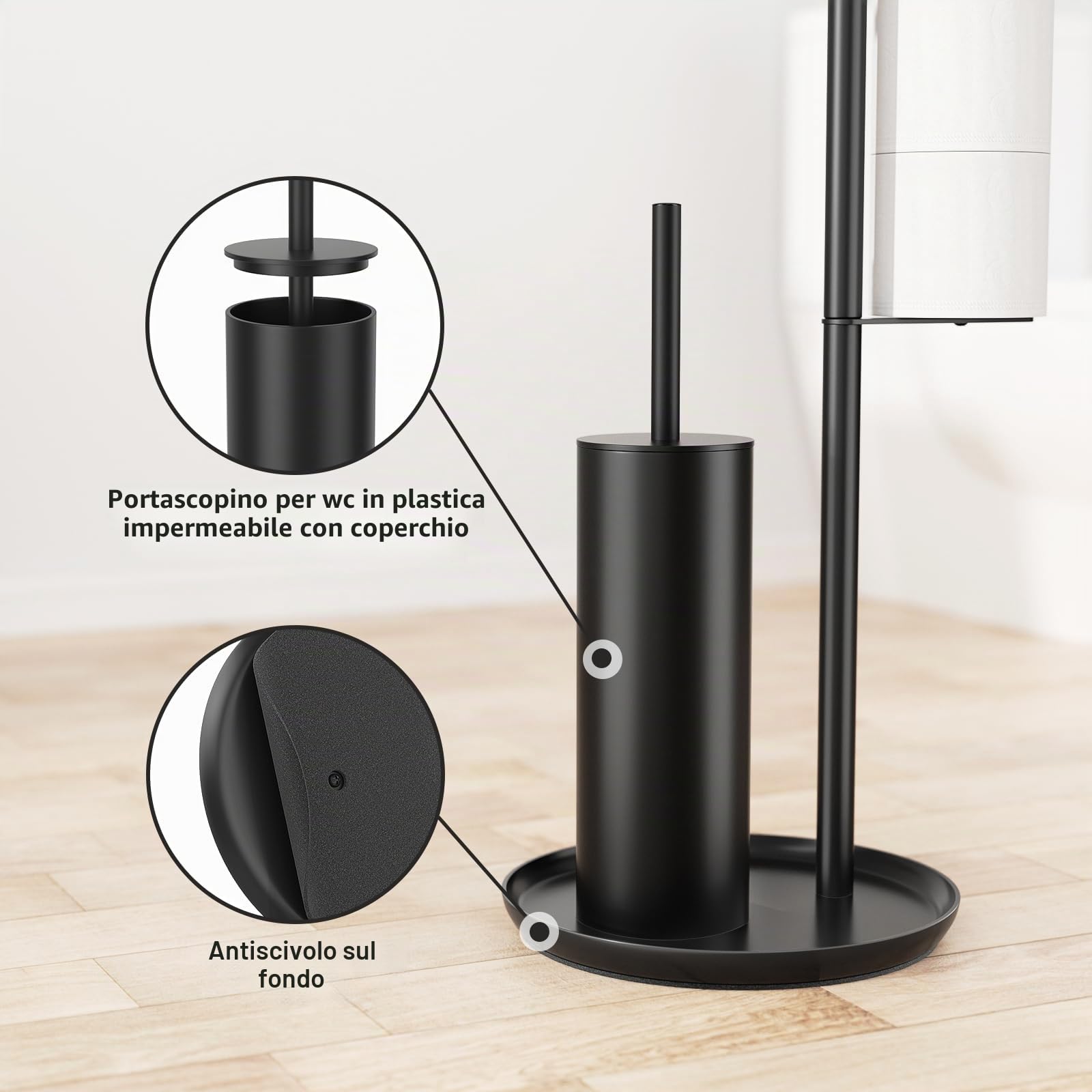 Susswiff Piantana Portarotolo e Scopino - Porta Carta Igienica Nero con Scaffale per Salviettine Umidificate, Acciaio Inox con Spazzolino WC , in Piedi