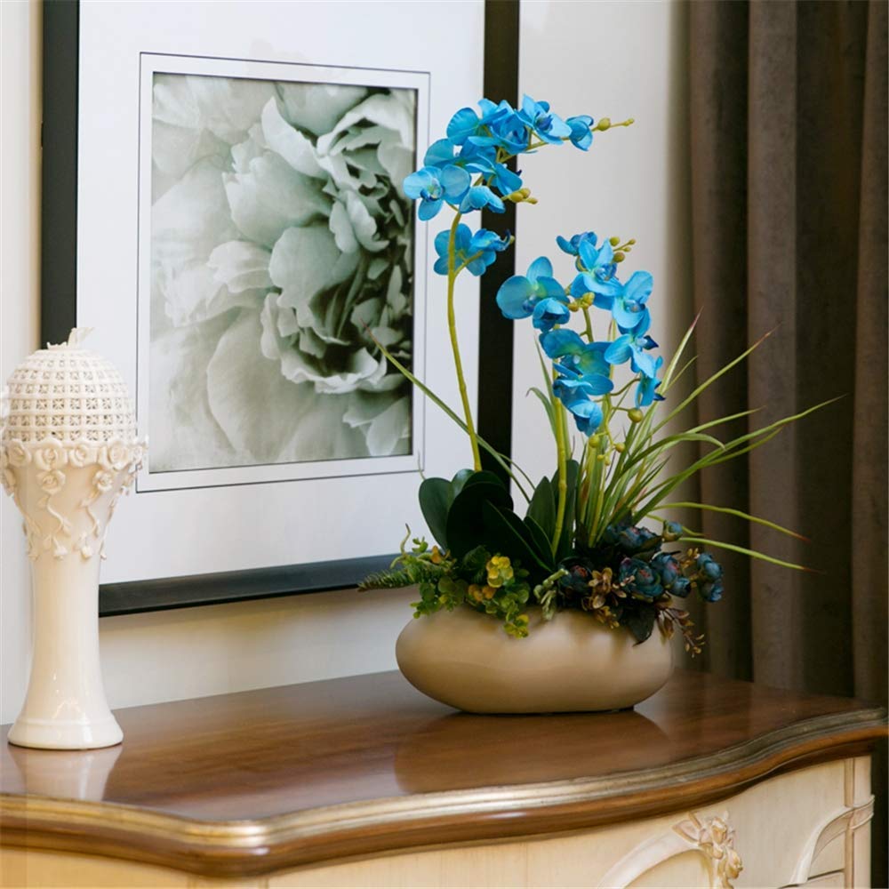 MYUYEE Artificial Flower Phalaenopsis Orchid Bonsai With Ceramic Vase Wedding Party Home Centerpiece Decor,Blue,Blackpot(Blue-Brownpot)