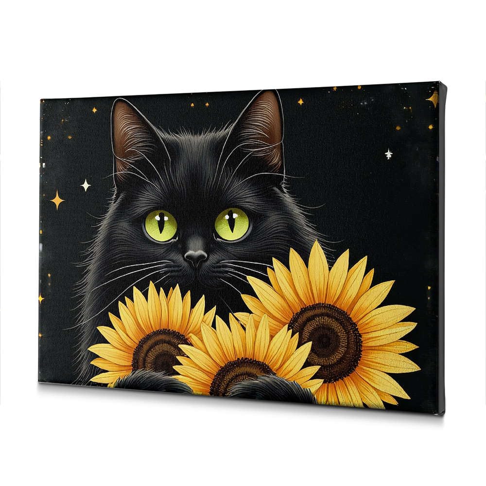 Tableau sur toile chat noir et tournesols contrastes vifs - 3