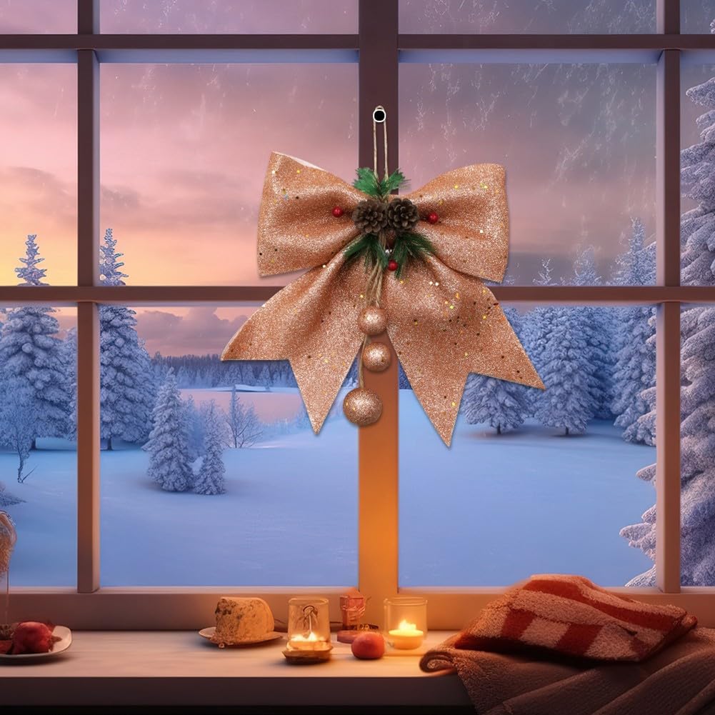 FACAIIO Decoración de lazo de Navidad, lazos grandes de algodón perlado de 30 cm con conos de pino para corona de árbol y decoración del hogar, reutilizables