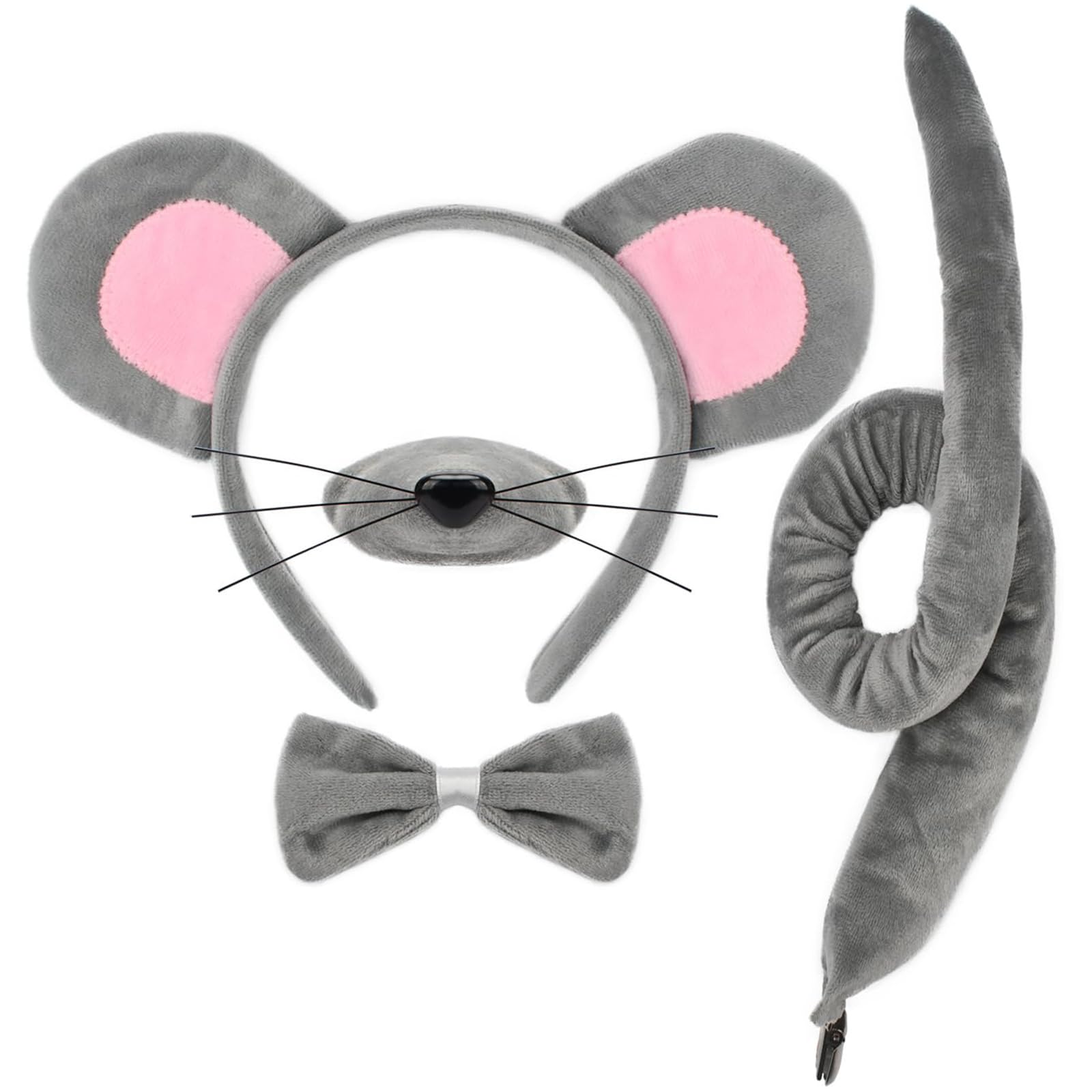 4pcs Mouse Ears Headband Animal Ears Set with Nose Bow Tie and Tail Photo Booth Props Halloween Costumes and Cosplay Costume Gifts for Women for Fancy Dress Variety of Costume Party Gathering Occasion