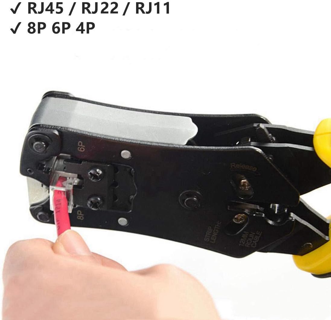 Yankok [HT-376 Modular Plug Crimper] Crimps RJ45 8P8C RJ12 RJ11 6P6C/4C/2C, RJ10 and RJ9 4P4C/2C Connectors, Strip Cut and Test Ethernet Cables w/Cable Tester