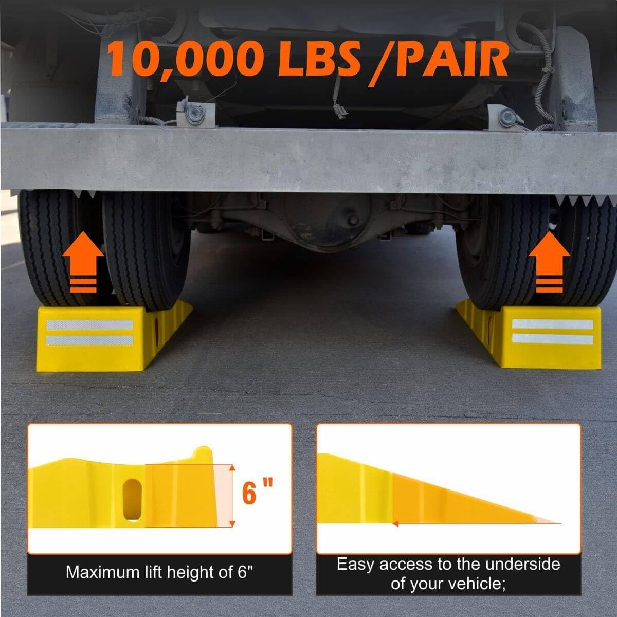 2Pack 6″ Yellow Lift Car Ramps - 10,000 lbs Capacity per Pair, Non-Slip Surface with Reflectors,Vehicle Service Ramps for Maintenance, Oil Changes, and Repairs