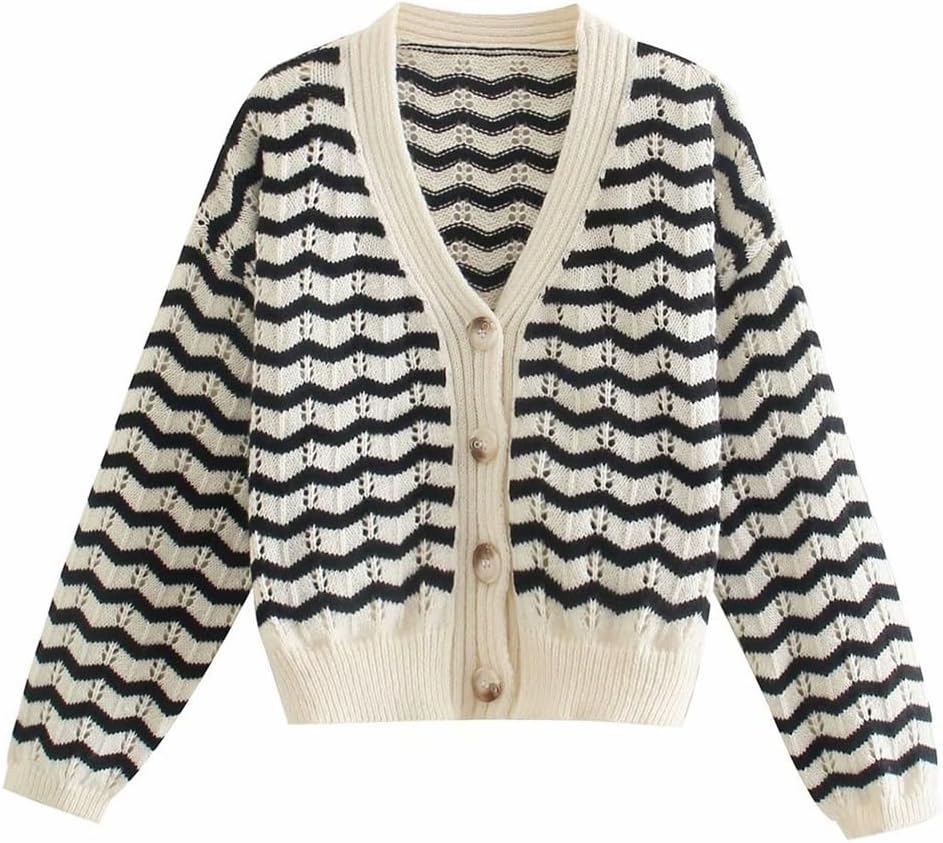 Women's V-Neck Pattern Openwork Long Sleeve Single-Breasted Knit Cardigan