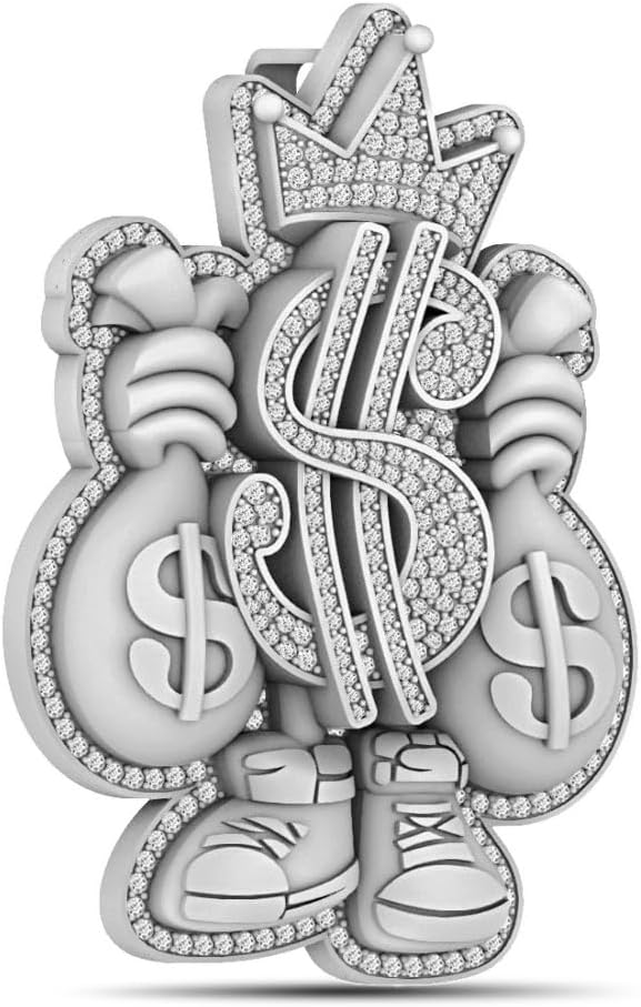 35+ Grams Big 2.75 Inch. VVS1/D 4.79 Ctw. Real Genuine Natural Moissanite Diamonds 14K Solid Gold Finish Crown Face Money Man Holding Dollar Bags Custom Charm Pendant