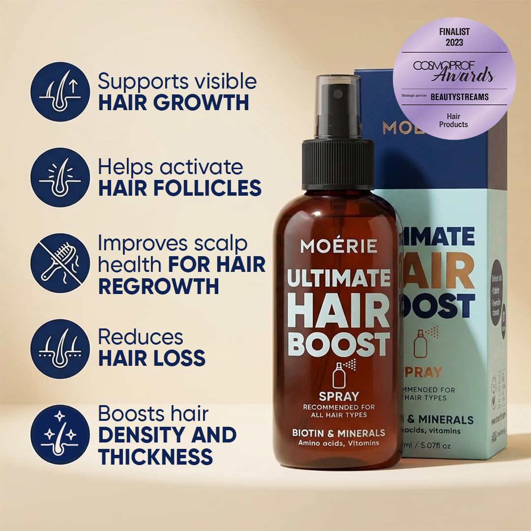Moerie Ultimate Mineralny spray do wzrostu włosów – dla dłuższych, grubszych, pełniejszych włosów, z biotyną i kofeiną, wegańskie produkty do włosów, bez parabenów, wszystkie rodzaje włosów, odwrotne
