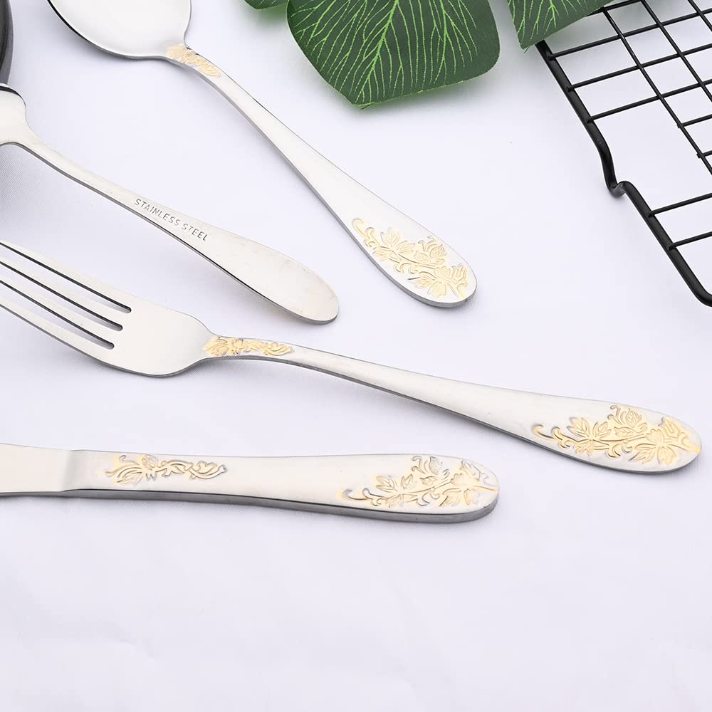 Ensemble de couverts en argenterie, 24 pièces, ensemble luxe acier inoxydable, kits vaisselle à fleurs, couteau steak argenté bronzé, fourchette, cuillère thé