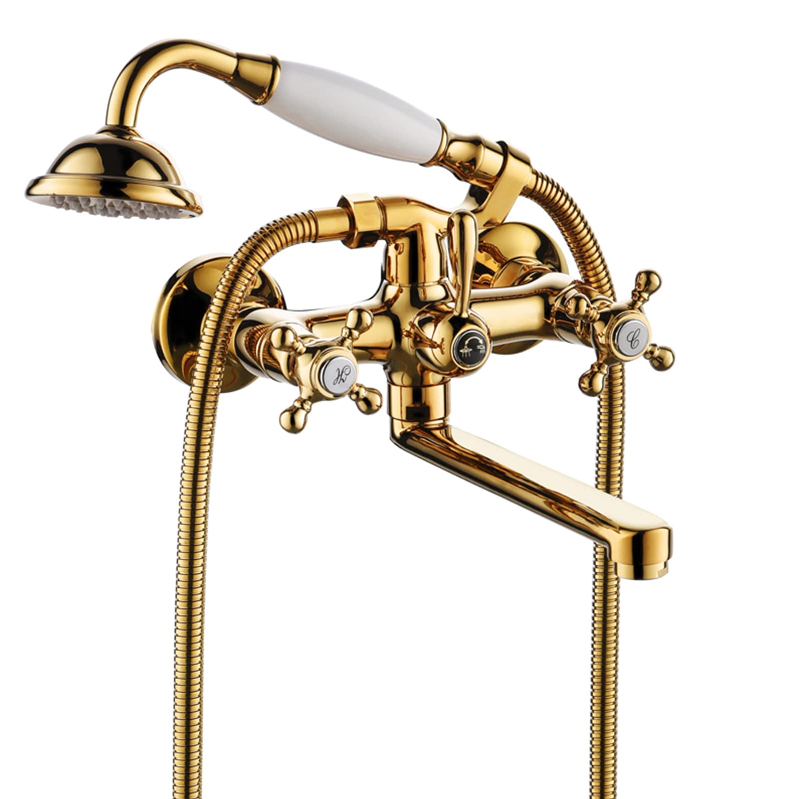 CWCQGH Bathtub Faucet Wall Mounted Bath Tap with Handheld Shower Tub Mixer Tap Set, Double Cross Handle Tub Filler Telephone Shaped Handheld Sprayer Shower Set,Titanium Gold