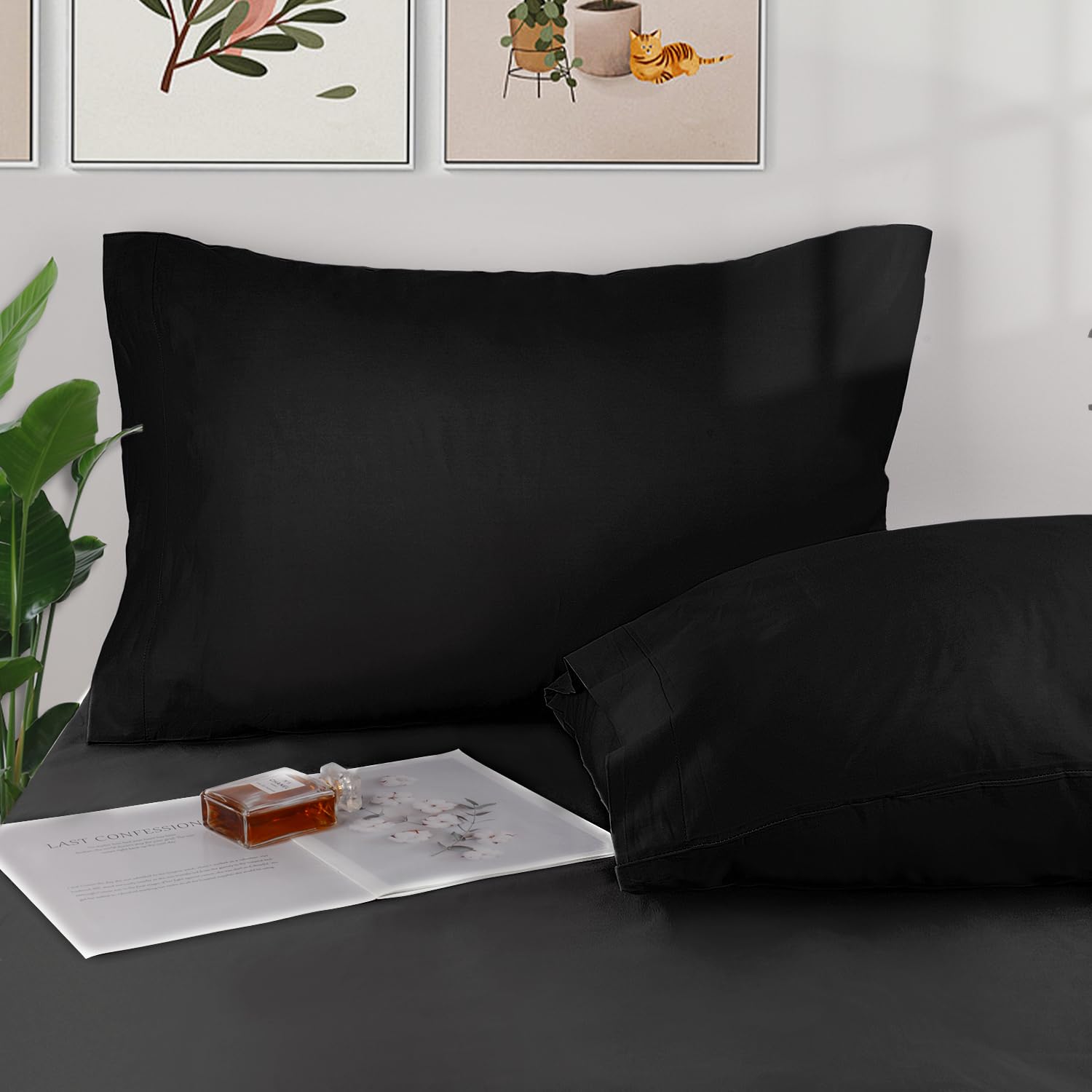 Lirex 2 Pack Pillow Cases, 100% Cotton Breathable Pillowcases Pillow Covers, 50 x 75 cm Queen Size, Blue, Black, Queen(50 x 75 cm) - Image 2