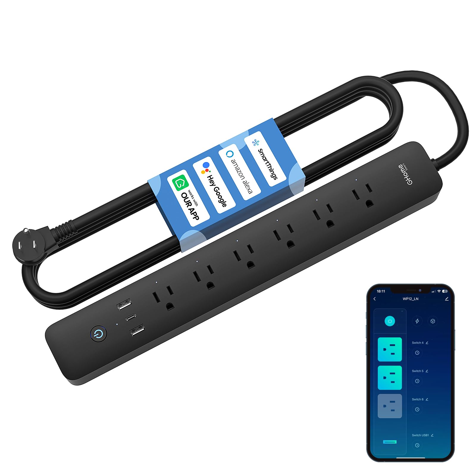 GHome Smart Plug Power Strip with 6 Smart Outlets & 3 USB Ports (30W Fast Charge, 2A1C), WiFi Surge Protector Works with Alexa & Google Home, Energy Monitoring, 2.4GHz Only, No Hub Required, Black