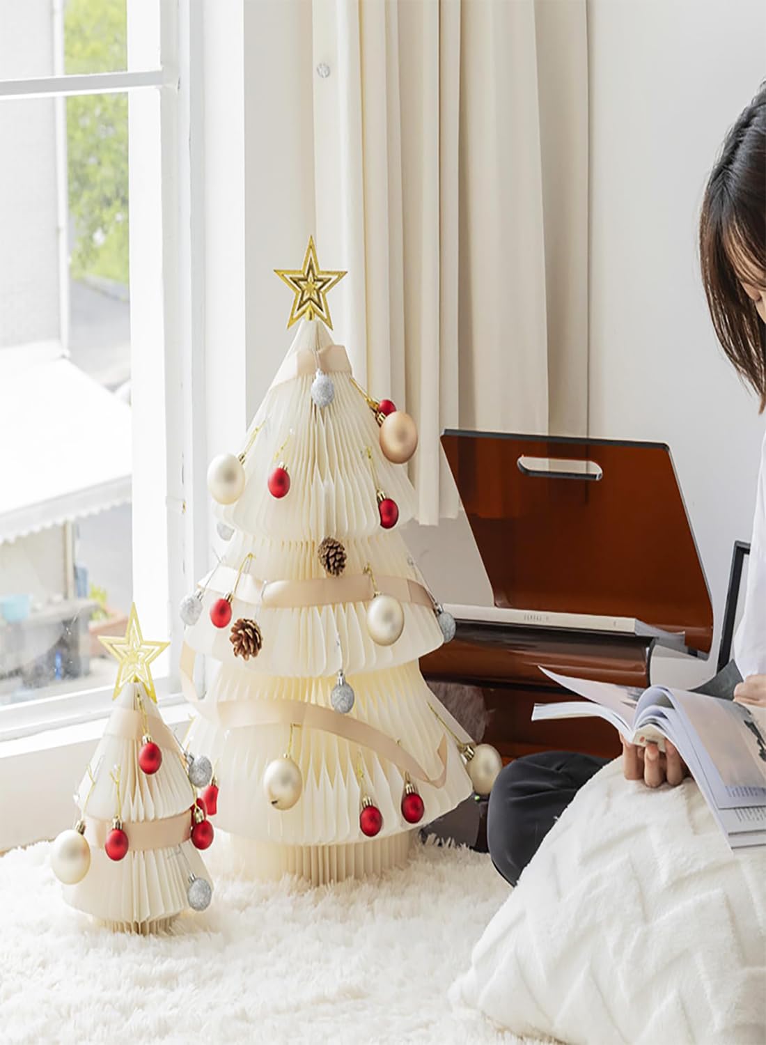 Albero di Natale di Carta, Decorazioni per Feste di Natale per Tavoli Decorazioni per la Casa, Decorazione Pieghevole per Albero di Natale In Carta Kraft con Luce USB e Ornamenti green L