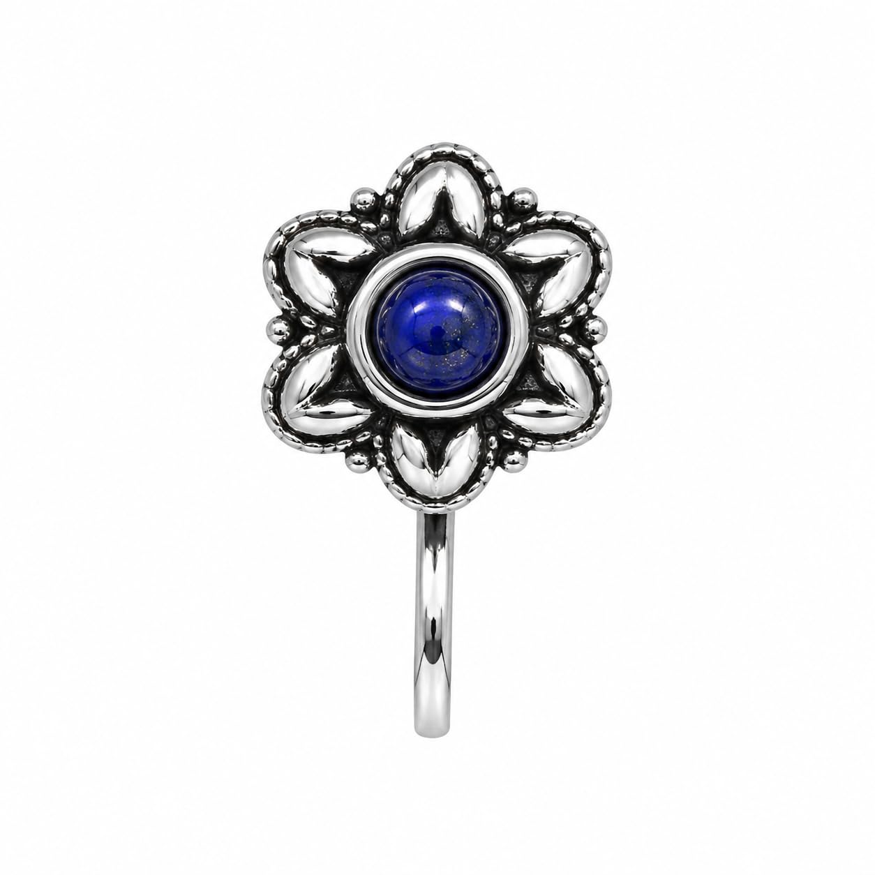 anuradha Plus Jewellery Charming Oxidised silver finishing Blue stone stud Floral shape Nose Pin | Ring | Without Piercing | Adjustable | Nose Ring | Nathiya|Nathani | For Festival |Navratri For womens & Girls.-picture-35