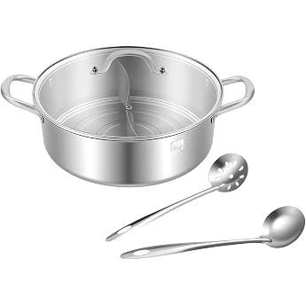 Hot Pot mit Teiler 304 Edelstahl Topf Hotpot Kocher mit Trennwand und Glasdeckel Kochtopf-Set f r Induktionsherde Gasherde und Back fen Topf 32cm