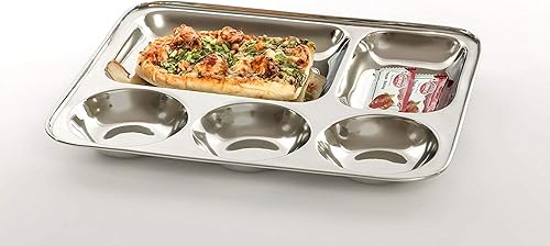 Miniatura 6 de Khandekar - Platos rectangulares de acero inoxidable con 5 compartimentos, bandejas para desorden, platos divididos para alimentos, platos de