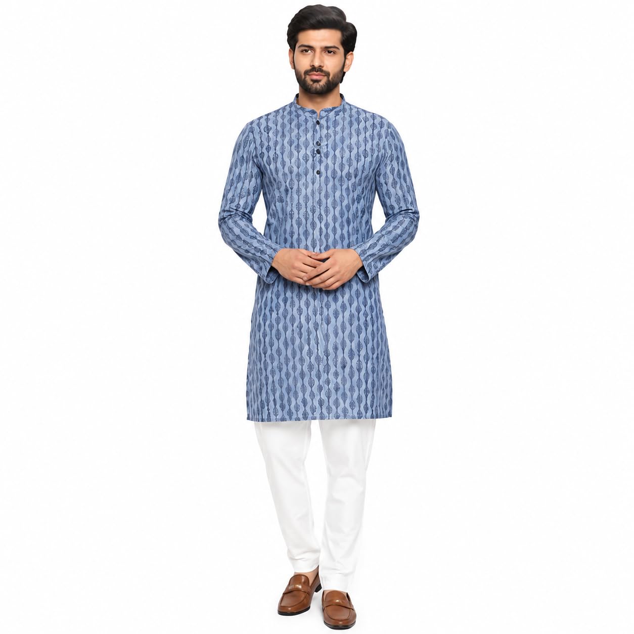 Men's nevy Blue leaf Printed Kurta Pyjama Set, Full Sleeve, (M)-image-6