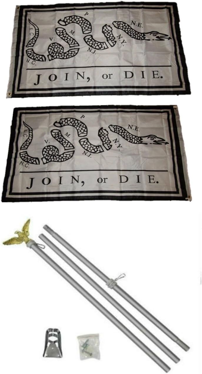 AES White Join or Die 3'x5' Polyester 2 Ply Double Sided Flag with 6' Aluminum Flag Pole Kit with Eagle Topper