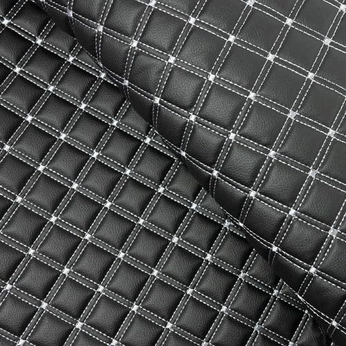 Double Box Quilted Vinyl Fabric, Black with Colored Stitching, 130cm Width, 3.5mm Foam, Luxury Upholstery Material (White Stitch, Per Metre (As One Continuous Length))