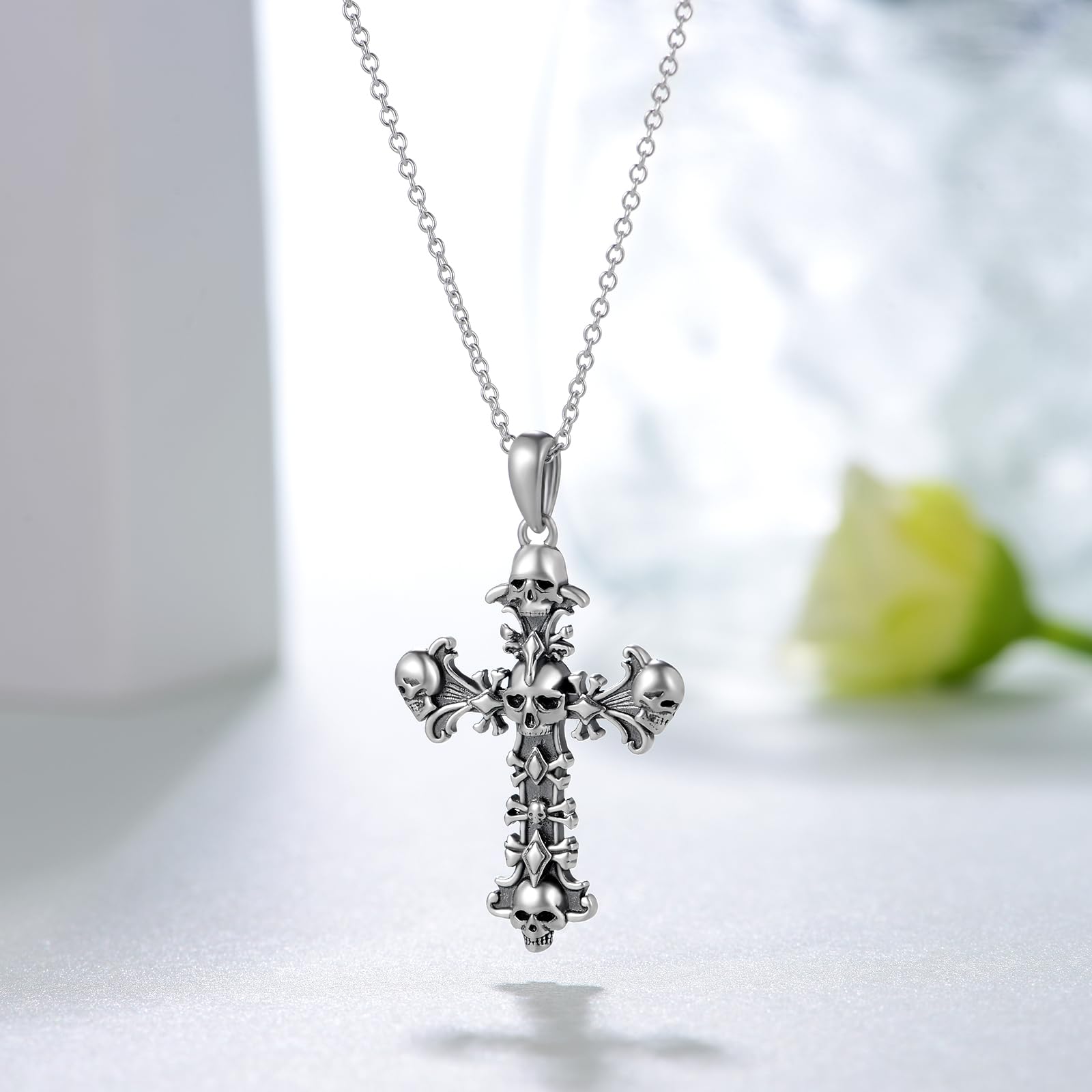 Collar gótico de calavera de plata de ley 925, collar de calavera con cruz para mujer, joyería gótica, regalos para hombres, Halloween