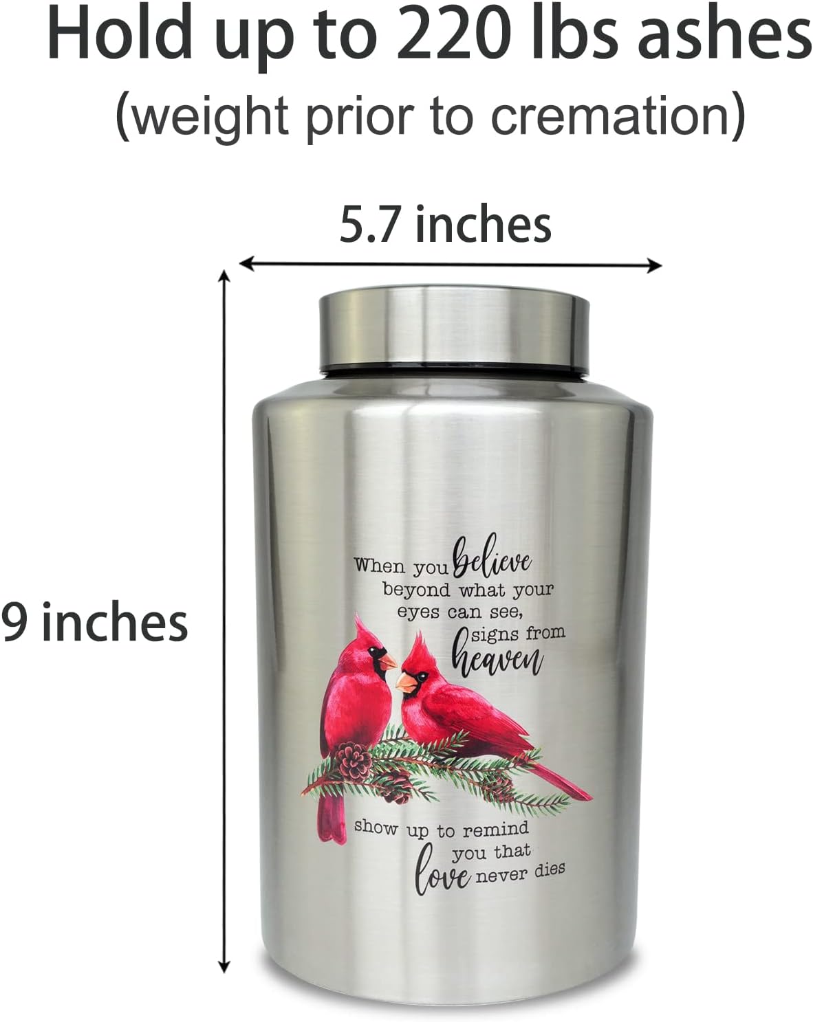 Up to 220 lbs Large Stainless Steel Cremation Urns for Adult Male Female Ashes, Funeral Memorial Keepsake Waterproof Urn for Human Women Man Remains, Custom-Engraved Name and Photo(Cardinal)