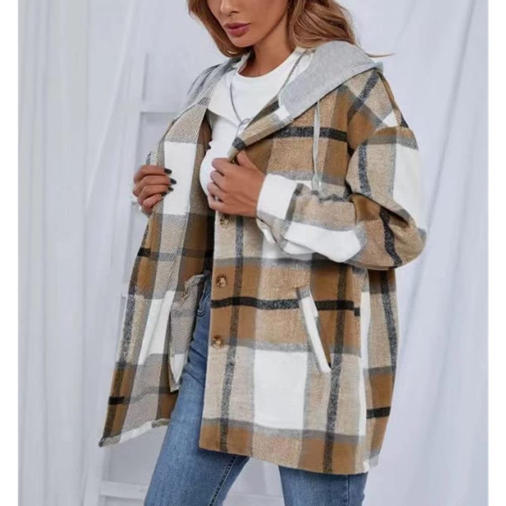 Bluse Damen,Damen Lässige Kapuzenhemden Flanellhemden Khaki Mode Karierte Langarmhemden Herbst Und Winter Verdickte Lose Lässige Mäntel Exquisite Knopfoberteile