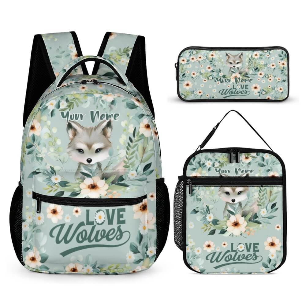 Custom Wolf Backpack with Lunch Box & Pencil Case for Kids Girls Boys School, 16 Inch Cute Wolf Bookbag, School Backpack for Students Children,