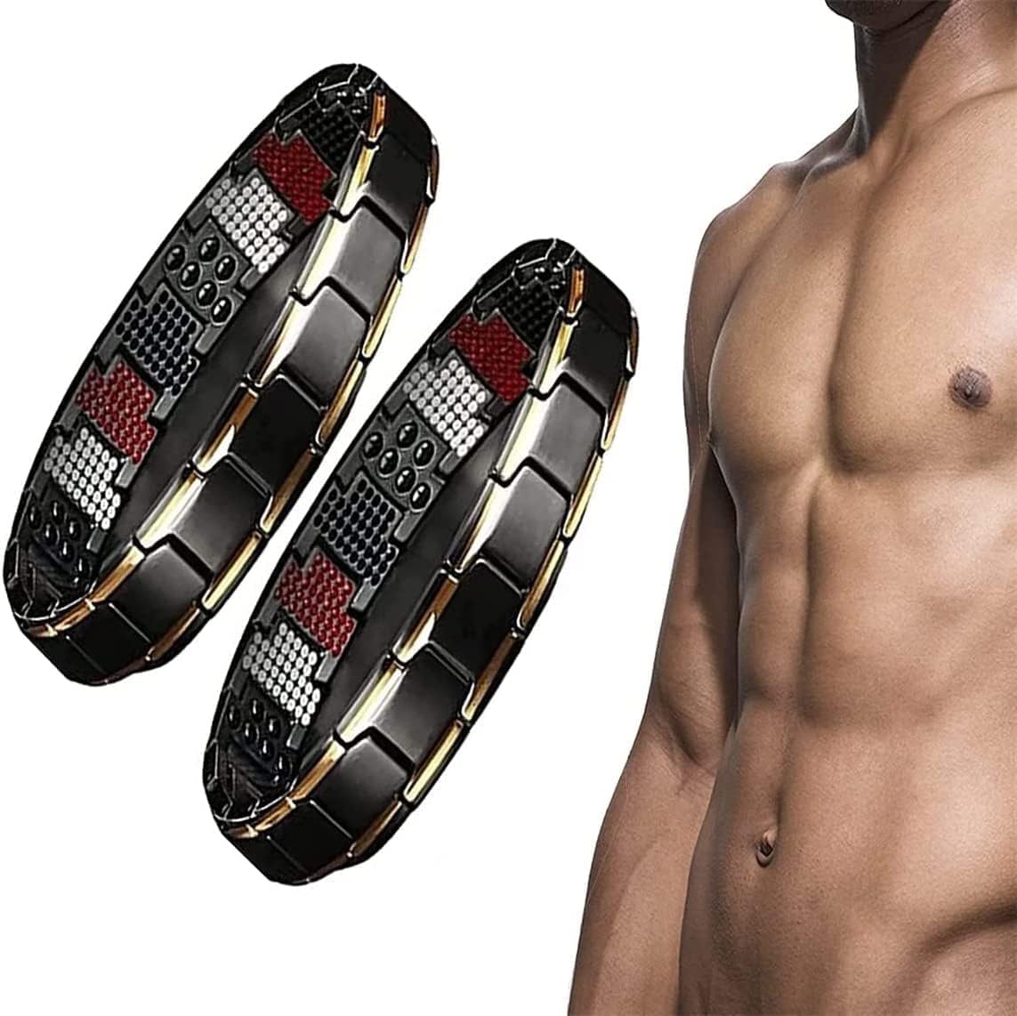 Magnetotherapy Body Firming Bracelet, IONWrist Energy Balancing Bracelet, Magnetic Therapy fit Plus Bracelet, Men's Double Magnet Wide Titanium Magnetic Therapy (Black Gold 2pcs)