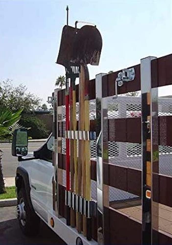 One Stop Outdoor Heavy Duty Stake Bed Mount - Garden Tool Holding Rack for Rake, Shovel, Etc. - Landscaper, Gardener & Contractor - Commercial Grade Flatbed Truck & Trailer Mounted Steel Tool Rack (Stake Bed Mount)