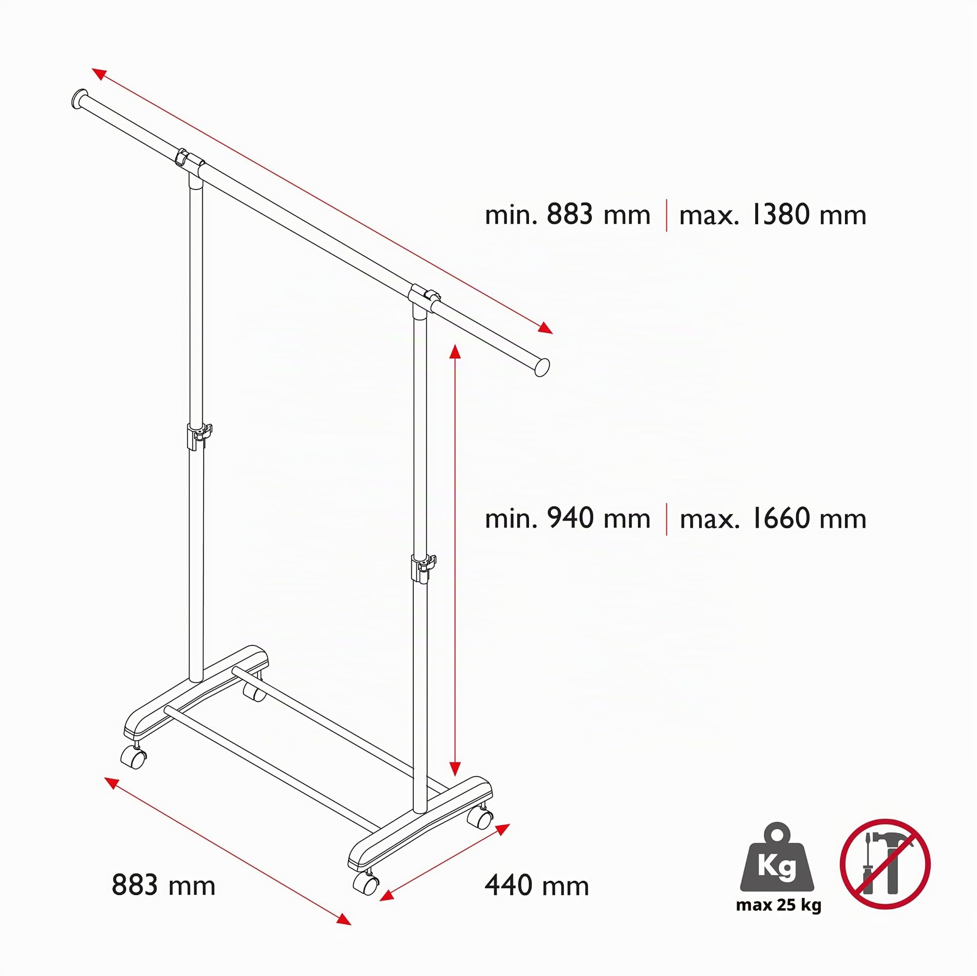 Perfetto Più Appendiabiti, Attaccapanni, Steder con Ruote - Gastone - Base di appoggio e Tubi Estensibili Regolabili in Lunghezza e in Altezza, Colore Cenere, 88/138x44xh94/166 cm