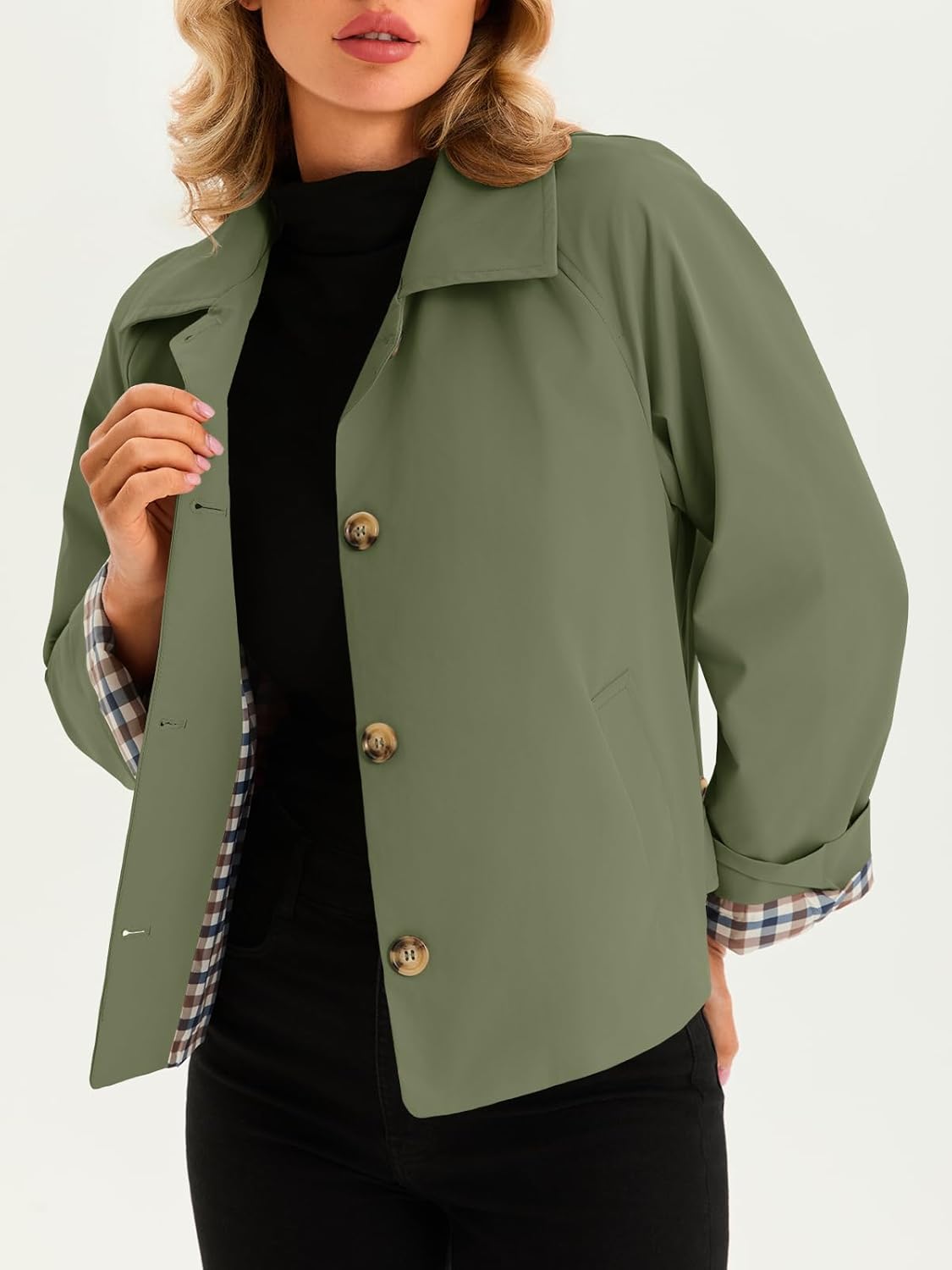 Tankaneo Womens Cropped Trench Coat Lightweight Single Breasted Jacket Fall Windbreaker Fashion Outerwear - Image 7