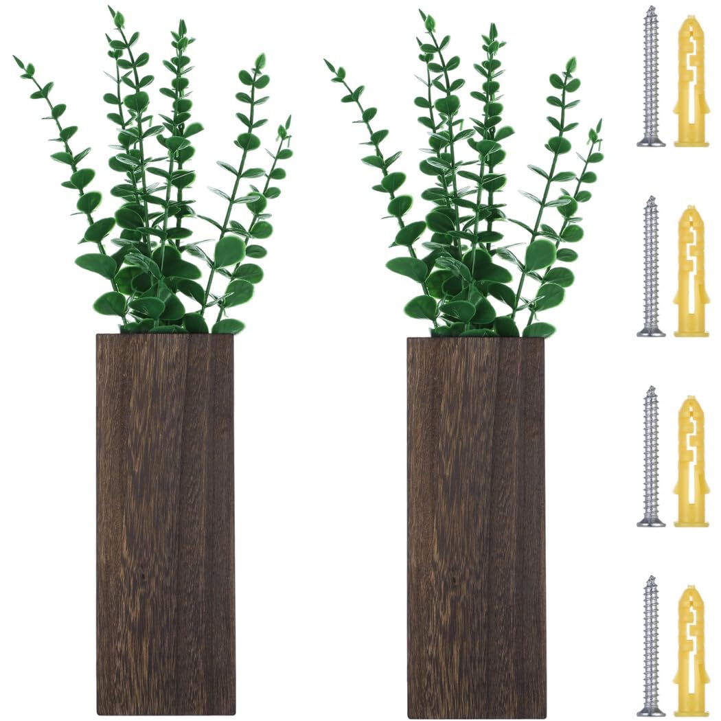Paire de supports muraux en bois avec faux eucalyptus pour fleurs séchées