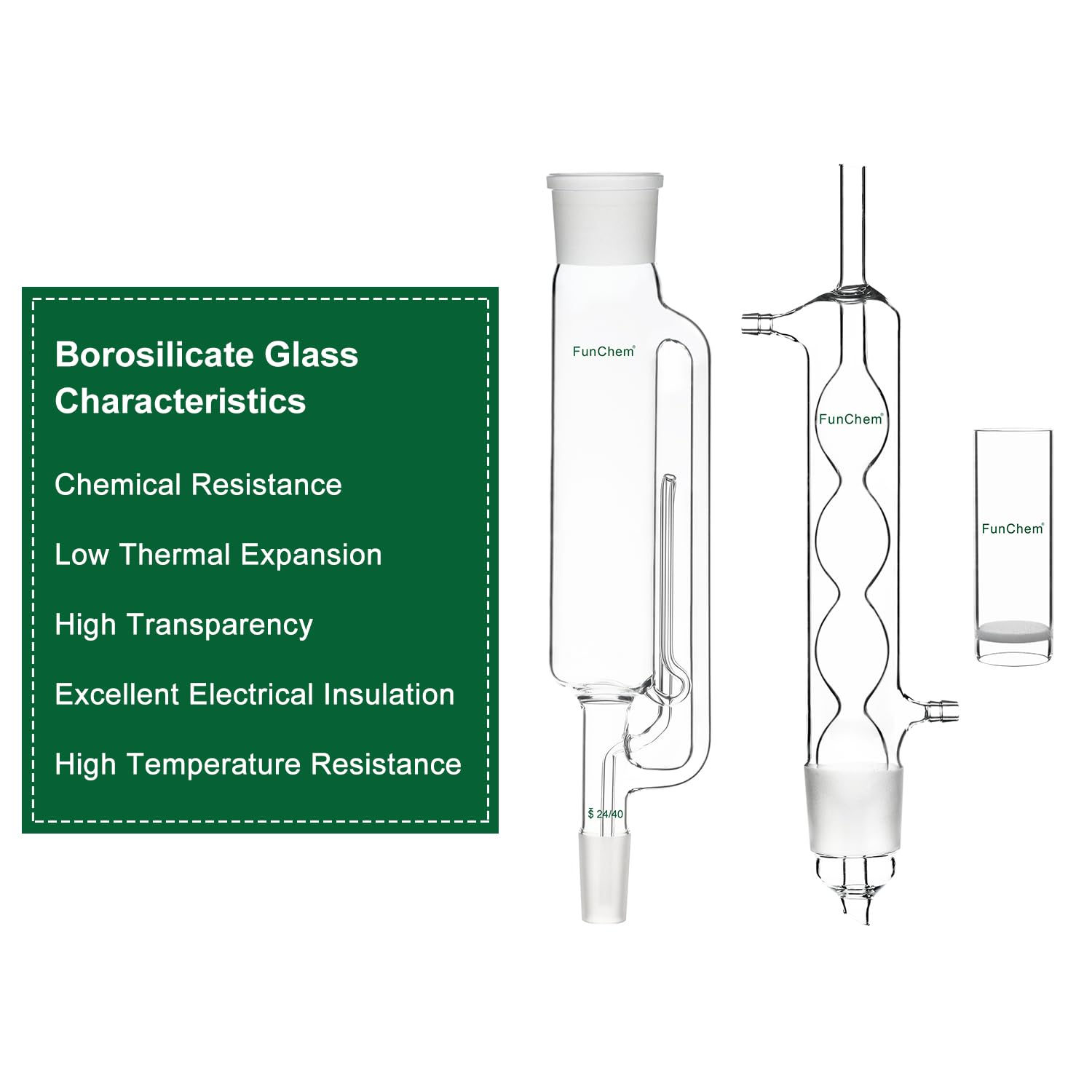 FunChem Soxhlet Extractor de vidrio borosilicato 45/40 Soxhlet con condensador Allihn y funda de extracción, paquete de 3