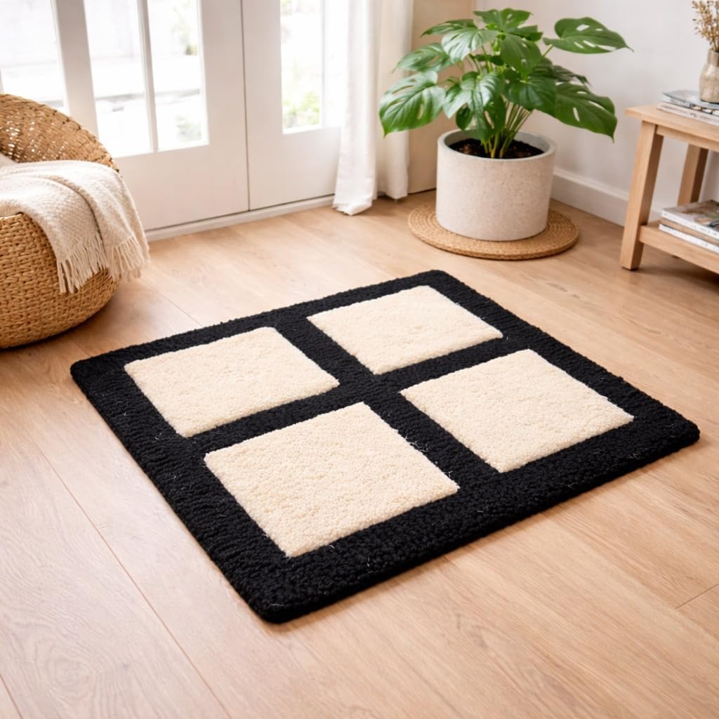 Handmade Wool Area Rug 1 x 1 Ft | Modern Square Grid Design | Handwoven Wool Decorative Accent Mat | Small Square Rug for Home & Office Décor