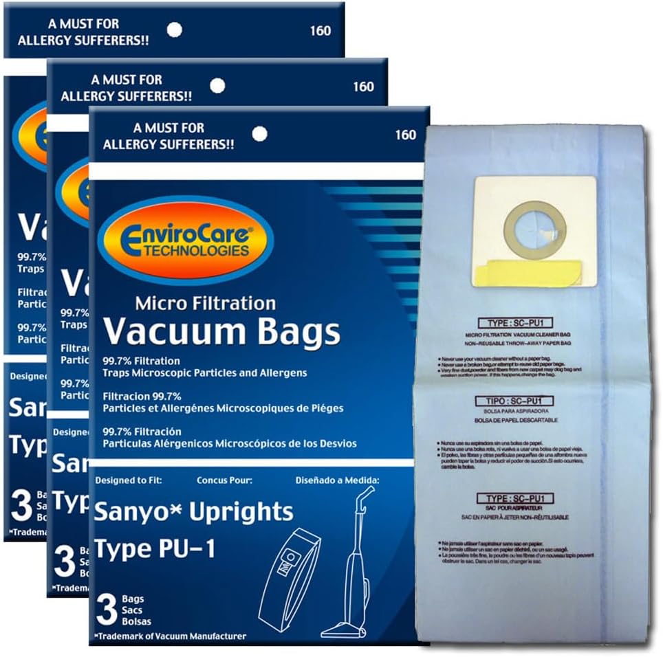 EnviroCare Replacement Micro Filtration Vacuum Cleaner Dust Bags made to fit Sanyo Uprights Type PU-1, 9 bags