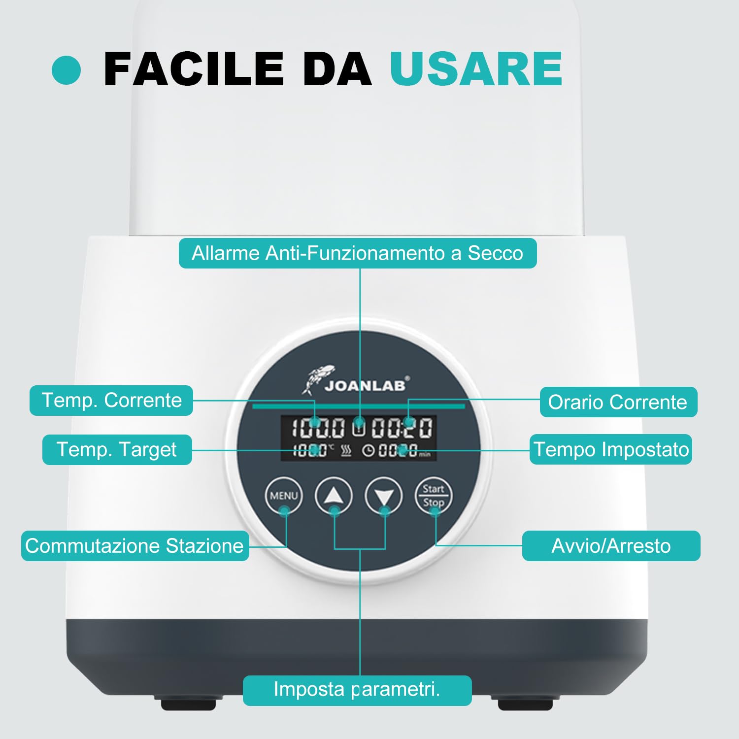 JOANLAB Bagnomaria da Laboratorio 2L Digitale, Riscaldamento di Precisione 100°C, Vasca in Acciaio Inox con Timer & Doppia Sicurezza, Coperchio Trasparente(WB-2S)